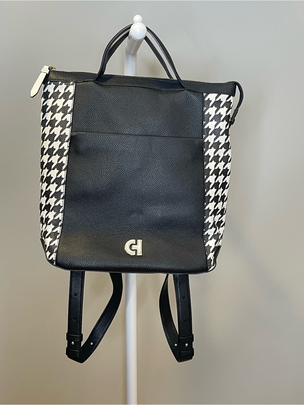 Cole Haan Black & White Houndstooth Leather Backpack NWOT